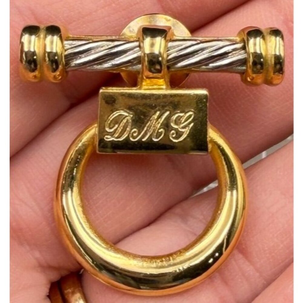 Vintage Lilian Vernon Mixed Metal Door Knocker Style Pin Brooch Gold Tone Engrav